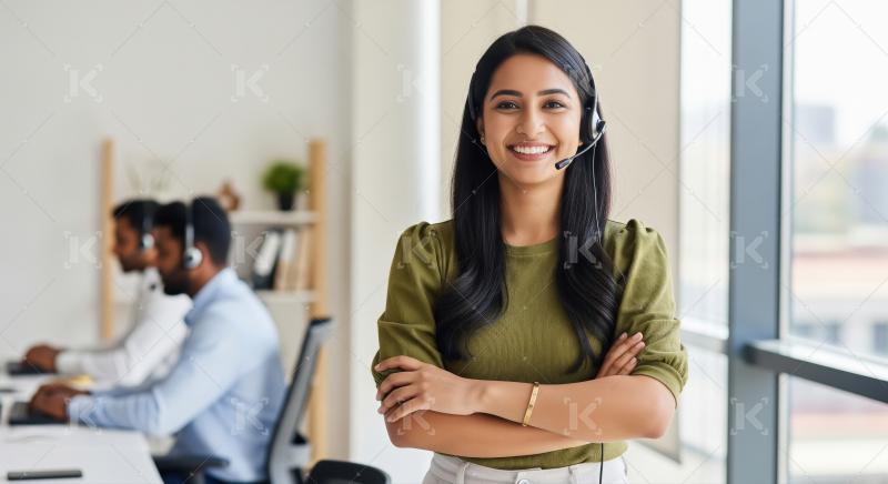 Indian call center supervisor stands confidently with arms cross