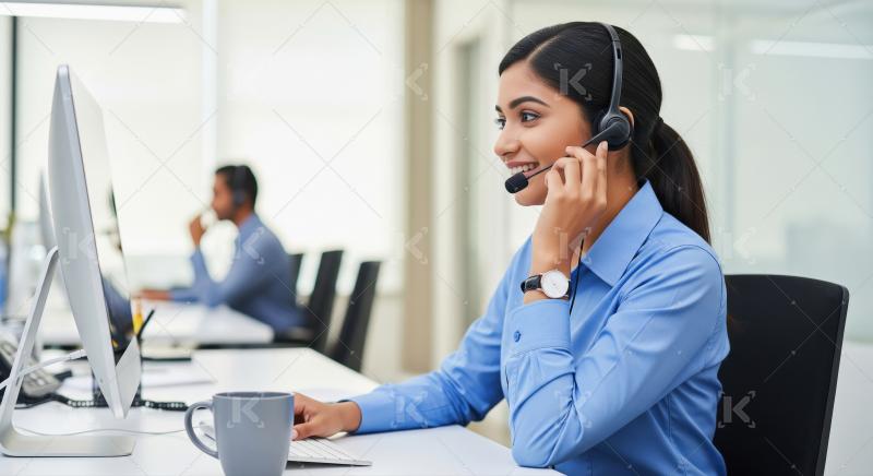 A professional Indian woman provides customer support through a