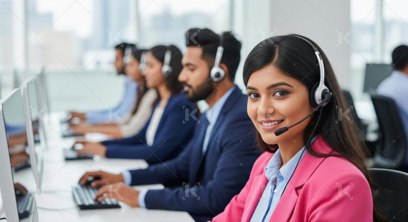 A group of Indian call center professionals in headsets work tog