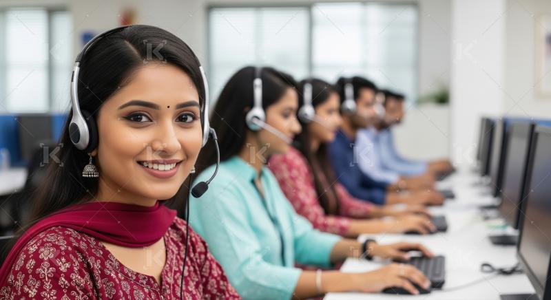 A group of Indian call center professionals in headsets work tog