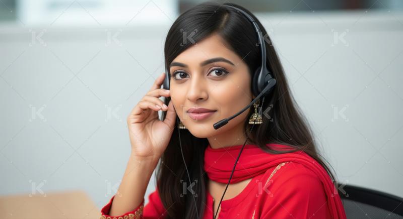 A professional Indian woman provides customer support through a