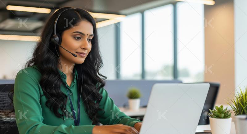 A professional Indian woman provides customer support through a