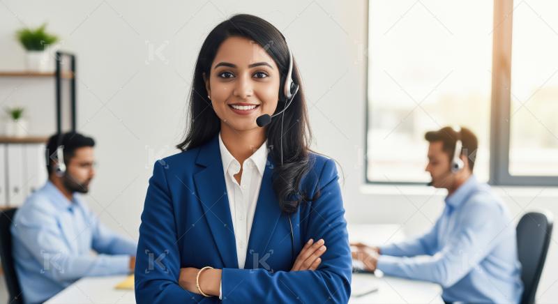 A professional Indian woman provides customer support through a