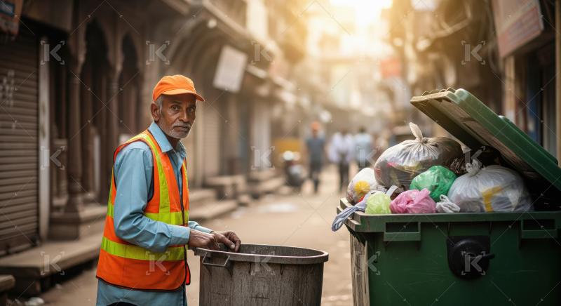Indian municipal sweeper in an orange safety vest stands on a ci