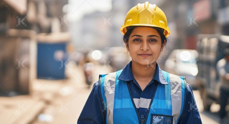 A female engineer wearing a yellow safety helmet and vest stands