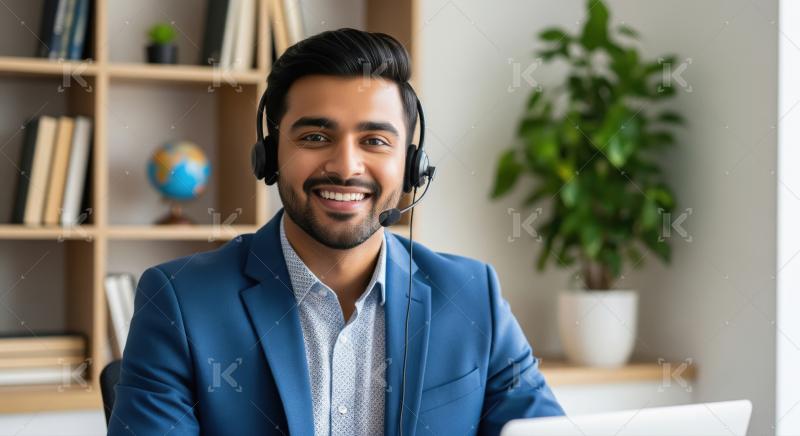A male call center agent dressed in suit provides customer servi