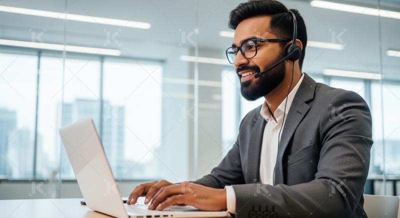 A male call center agent dressed in suit provides customer servi
