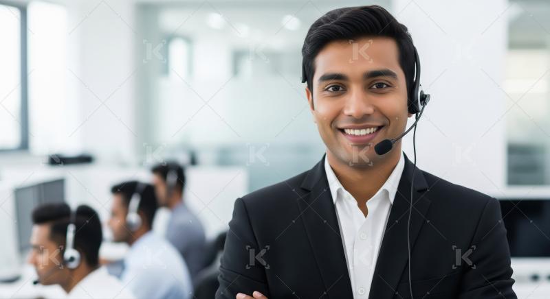 A male call center agent dressed in suit provides customer servi