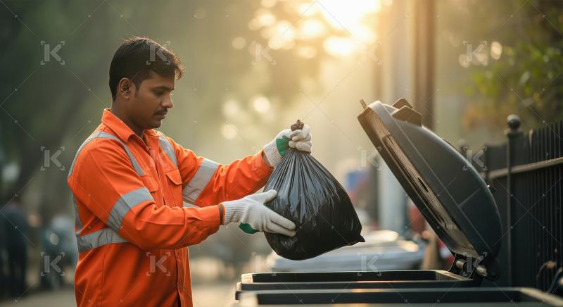 A male sanitation worker in an orange uniform and gloves dispose