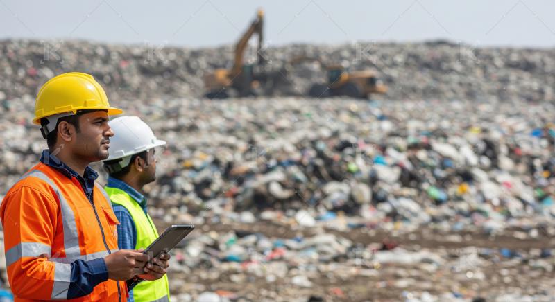 Two male engineers inspection at a large landfill site surrounde