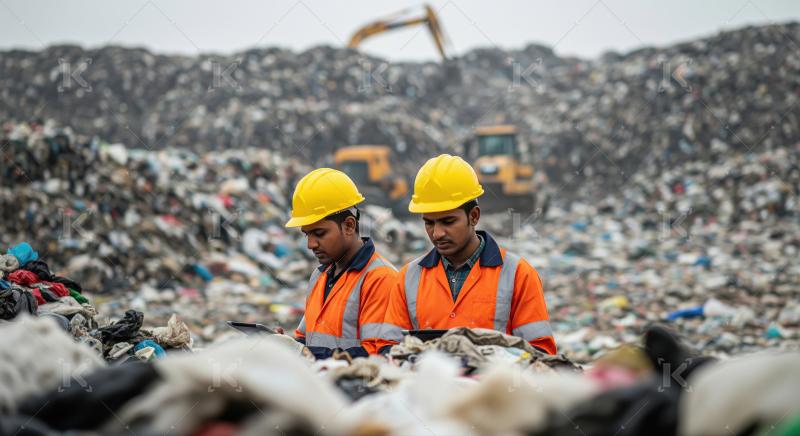 Two male engineers inspection at a large landfill site surrounde