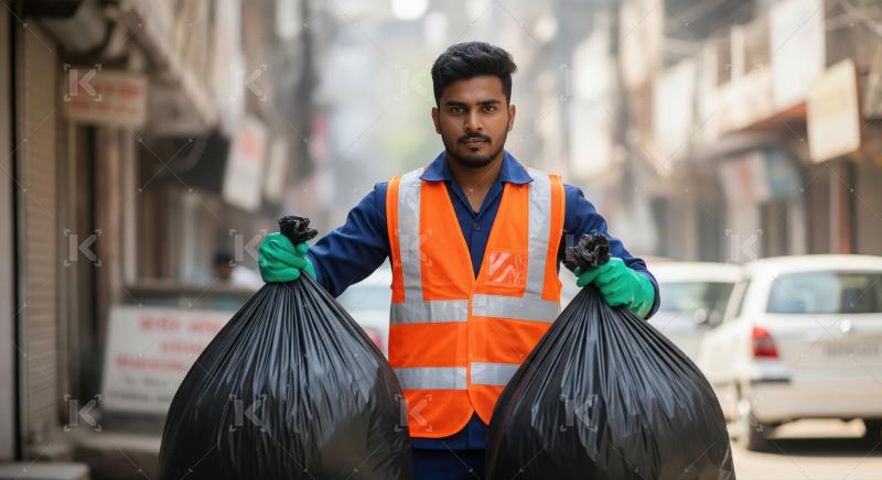 Indian male worker in orange vest holding black garbage bags