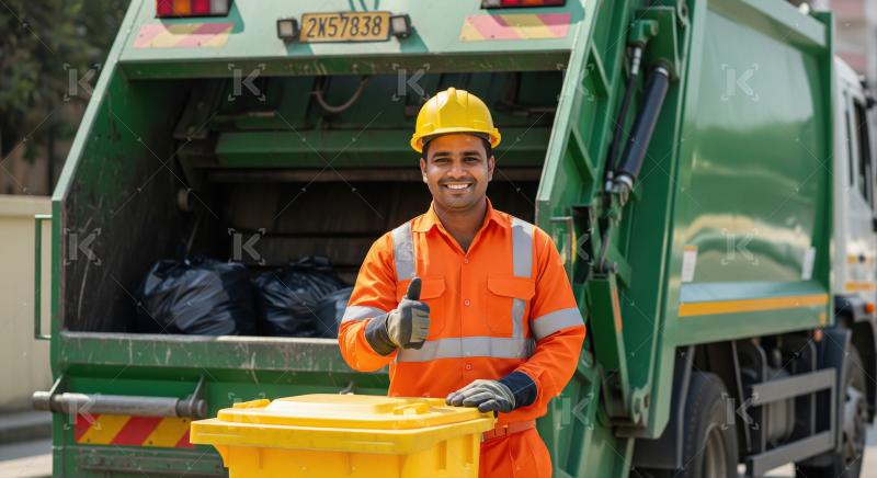 A male sanitation worker in an orange uniform and yellow helmet