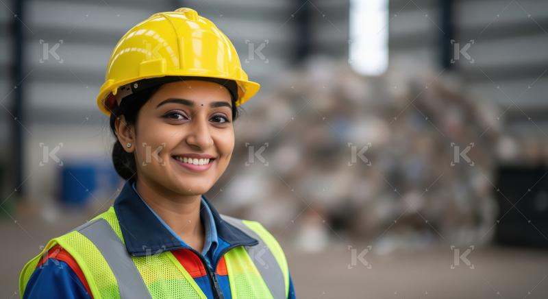 A female engineer wearing a yellow safety helmet and vest stands