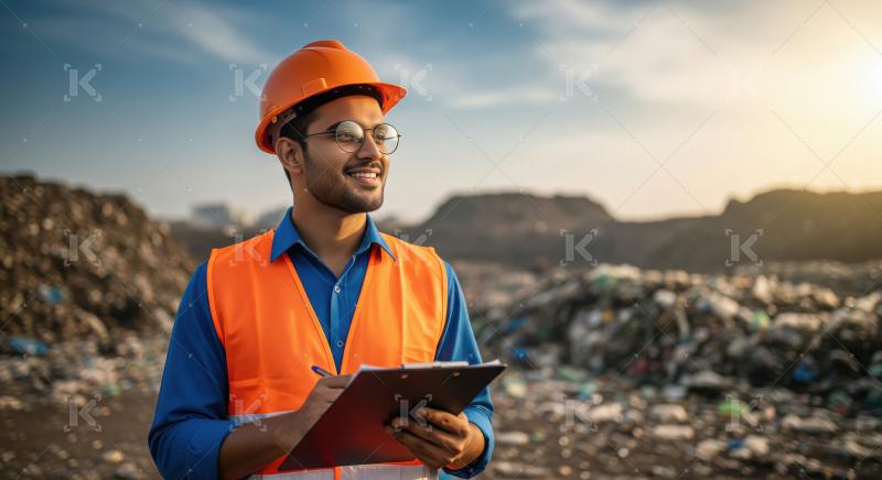 A male engineer in an orange helmet and safety vest takes notes