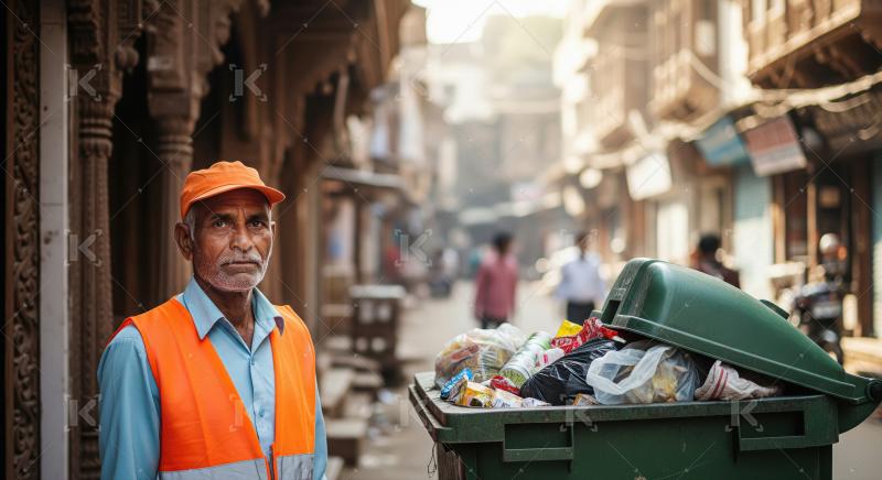 Indian municipal sweeper in an orange safety vest stands on a ci