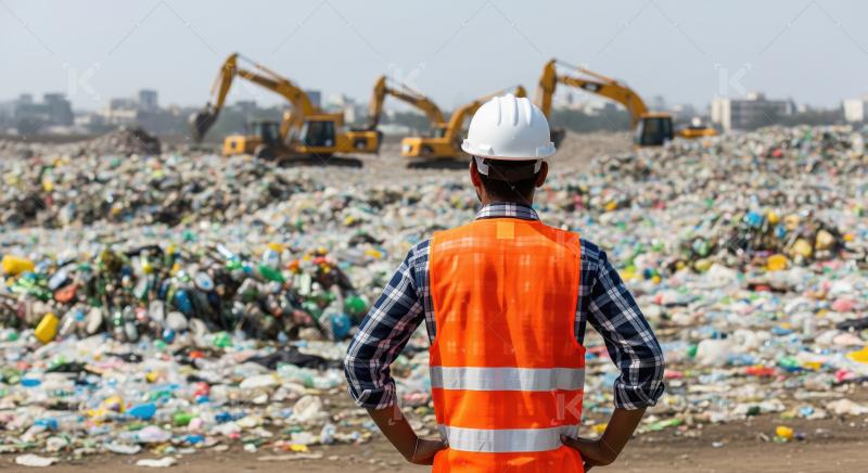 Engineer surveys large mounds of plastic waste at a landfill sit