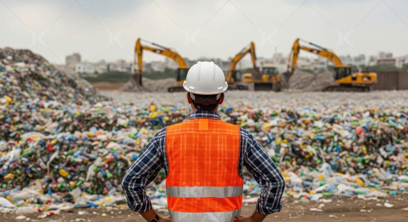 Engineer surveys large mounds of plastic waste at a landfill sit