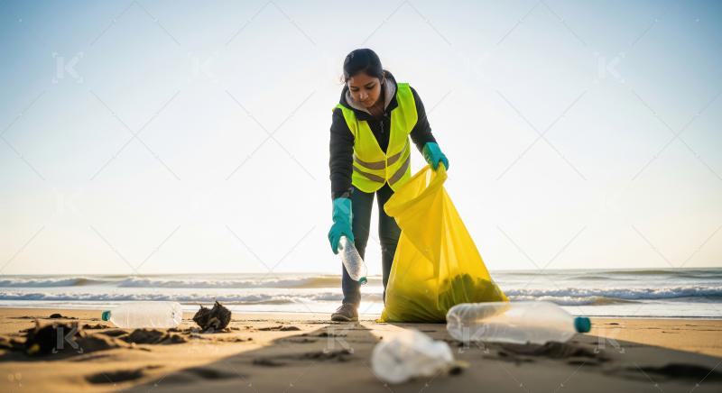 A female volunteer in a yellow vest and gloves collects plastic