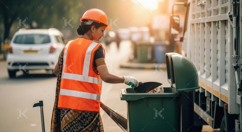 A female sanitation worker wearing disposes a bag of garbage int
