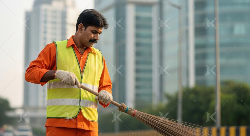 A male sanitation worker in a blue uniform sweeps a city street