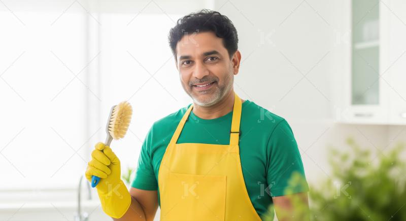 A young male cleaner in yellow gloves and a blue apron holds a c