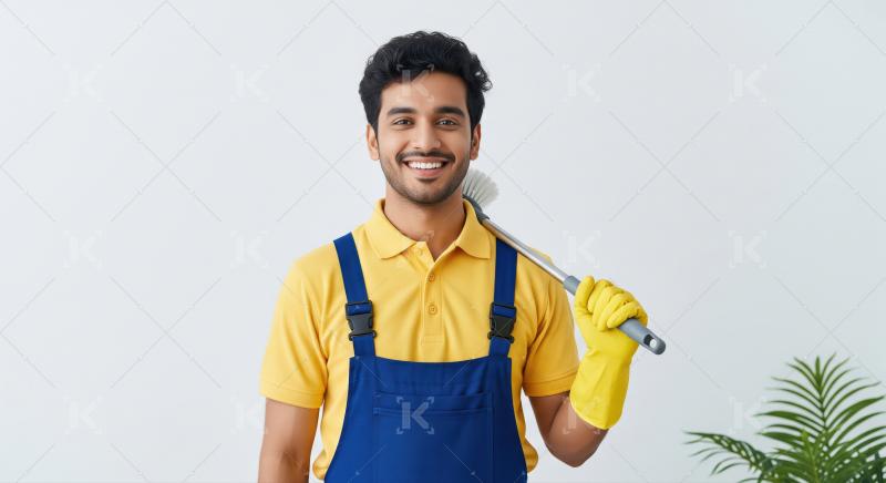 A young male cleaner in yellow gloves and a blue apron holds a c