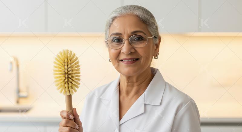 An elderly female cleaner in a light blue uniform stands in a ha