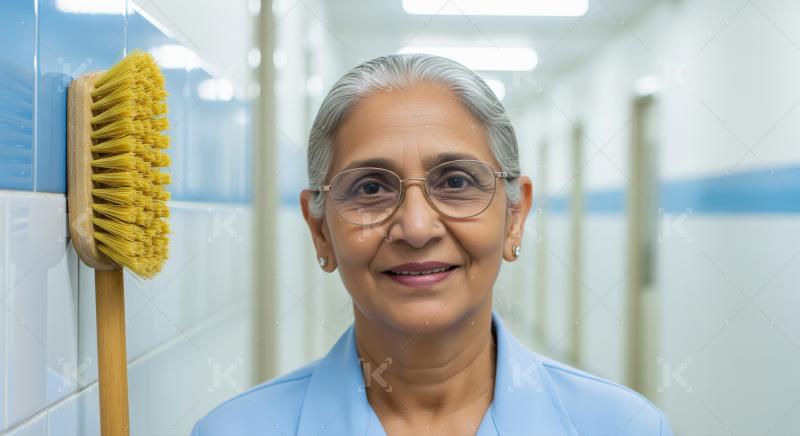 An elderly female cleaner in a light blue uniform stands in a ha