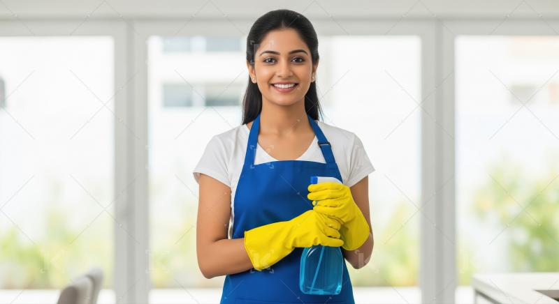 A female cleaning worker wearing a blue apron and yellow gloves
