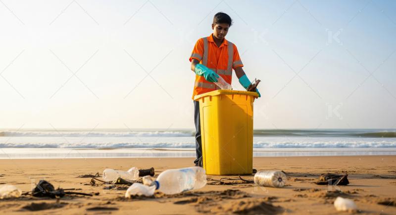 A male sanitation worker wearing an orange vest and gloves dispo