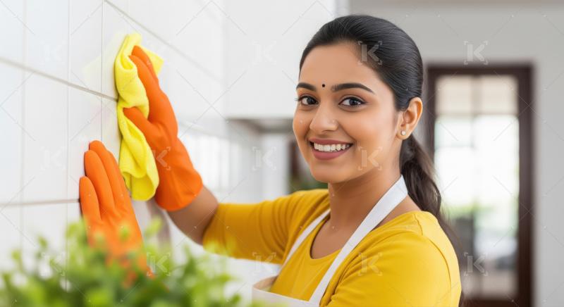 A female cleaning worker wearing a blue apron and yellow gloves