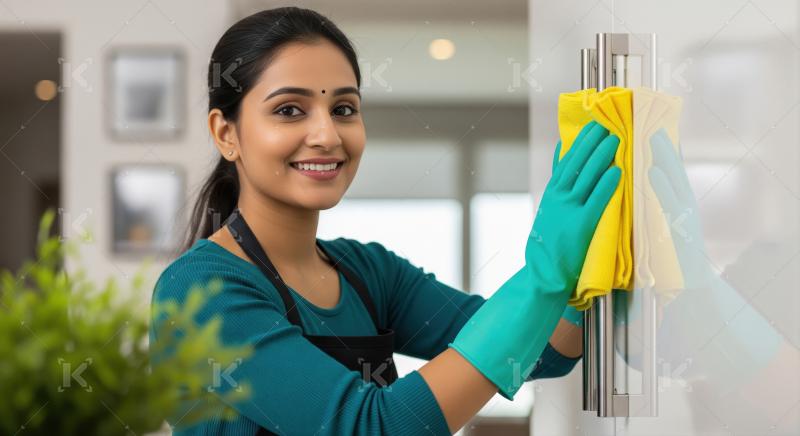 A female cleaning worker wearing a blue apron and yellow gloves