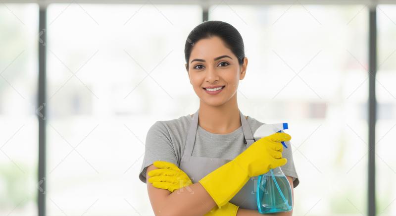 A female cleaning worker wearing a blue apron and yellow gloves