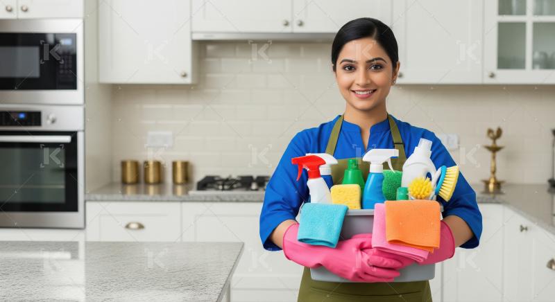A female cleaner in a blue apron and pink gloves holds a tray of