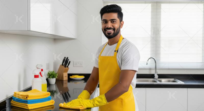 A male house cleaner in a yellow apron and gloves wipes down a k