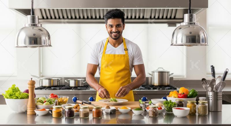 A male chef in a yellow apron prepares and plates food surrounde