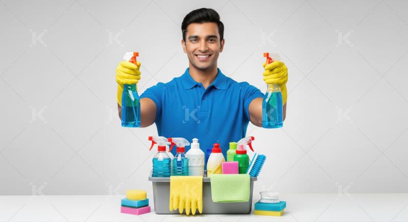 A male cleaner in yellow gloves and blue shirt presents cleaning