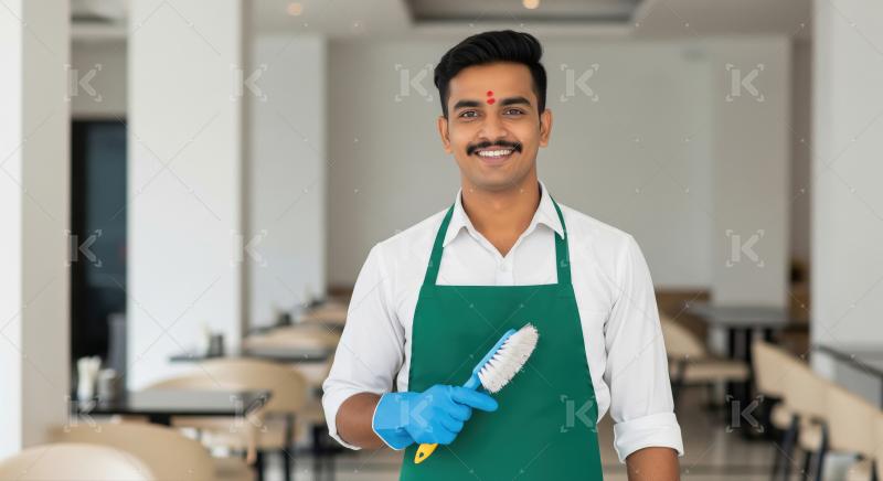 A male restaurant cleaner in a green apron and blue gloves holds