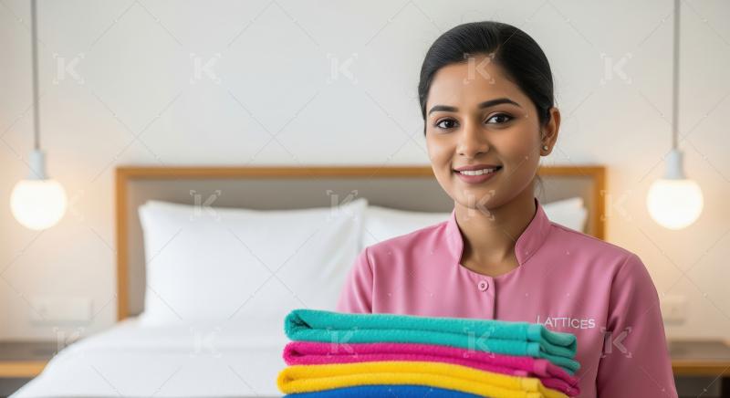A female housekeeper in a pink uniform holds a stack of colorful