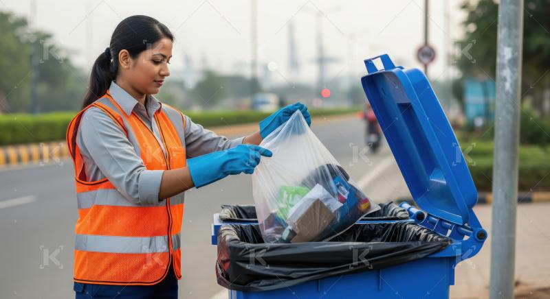 A female sanitation worker wearing disposes a bag of garbage int