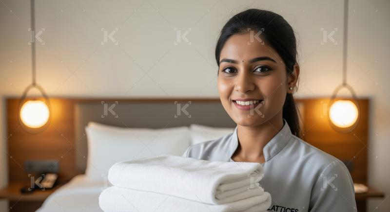 A female housekeeper in a pink uniform holds a stack of colorful