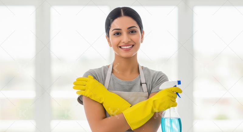A female house cleaner in yellow gloves and a gray apron stands