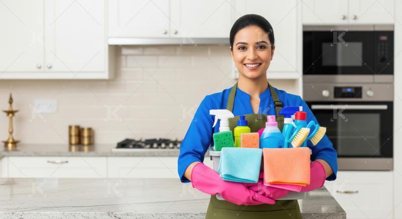 A female cleaner in a blue apron and pink gloves holds a tray of