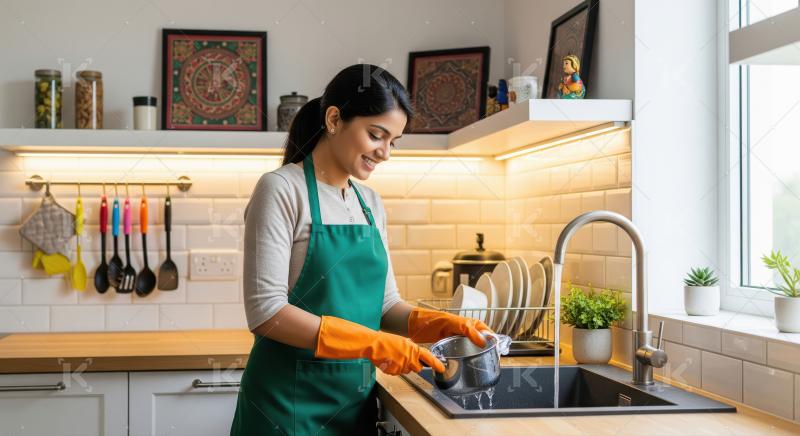 A woman in a green apron and orange gloves washes dishes at a mo