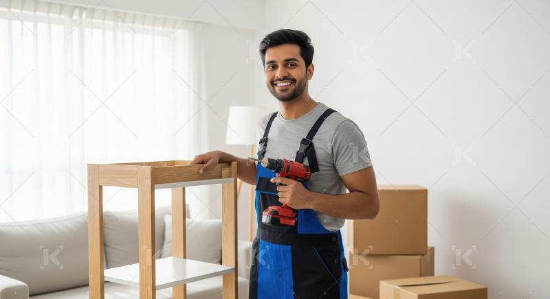 A male carpenter in blue overalls assembles a wooden shelf with