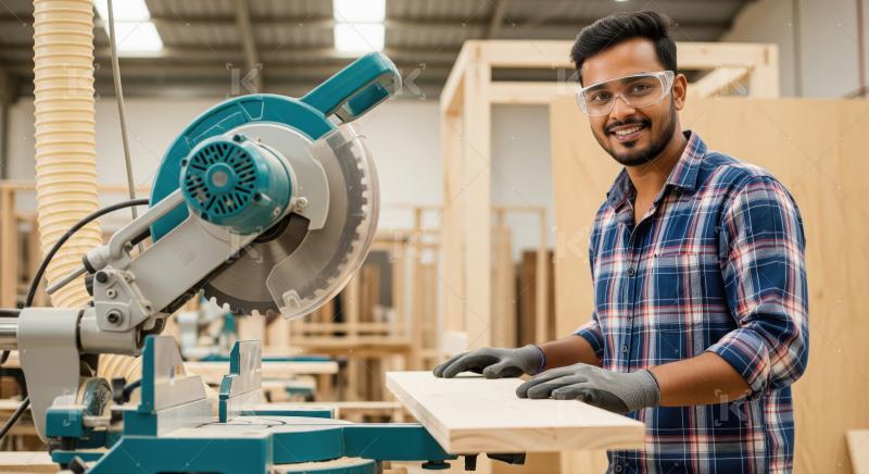 A male carpenter in a plaid shirt and gloves operates a large sa