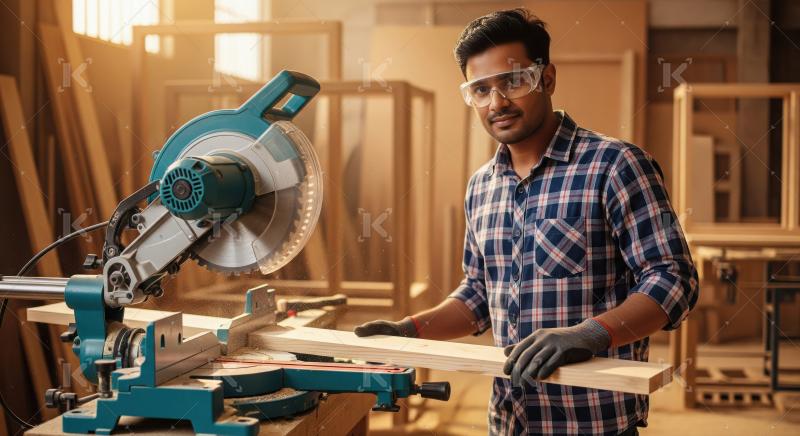 A male carpenter in a plaid shirt and gloves operates a large sa