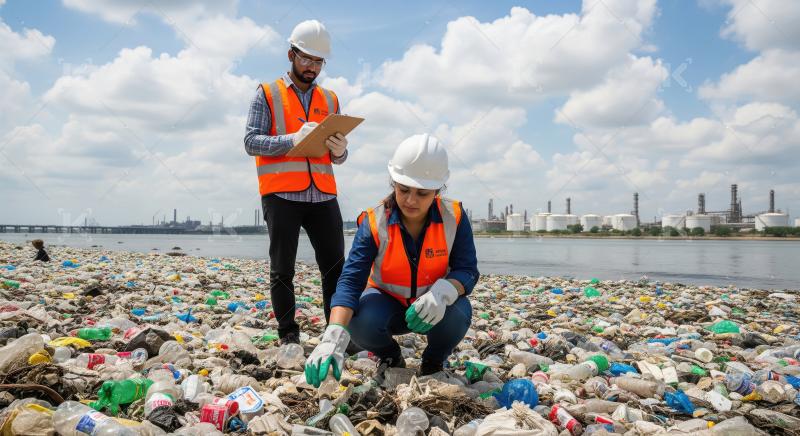 Two engineers inspect and document plastic pollution on a riverb