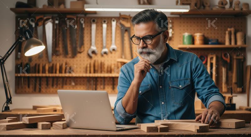 A middle-aged carpenter in a blue shirt thoughtfully examines wo